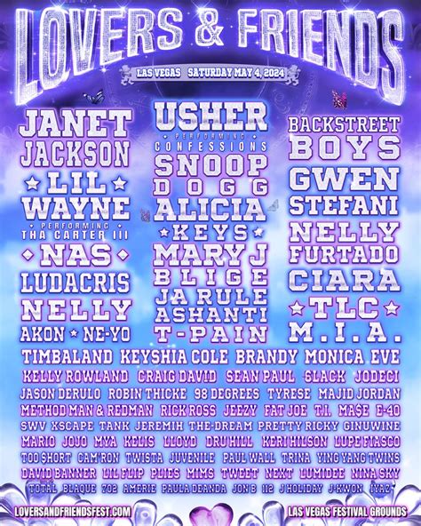 Lovers and friends las vegas - COMMENT. Publicist. Image via Publicist. Lovers & Friends have announced its 2022 lineup, which features Usher, Lauryn Hill, TLC, Brandy, Monica, and many more. …